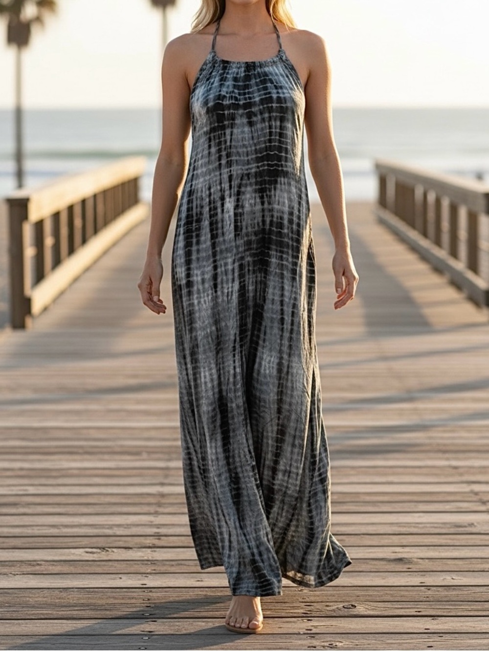 Elan Black and White Tie-Dye Backless Halter Maxi Dress